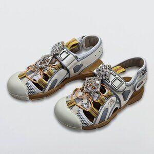 Gucci Tinsel Sport Sandals Mesh Fabric GG Crystal Chain White/Silver W 35.5 NIB